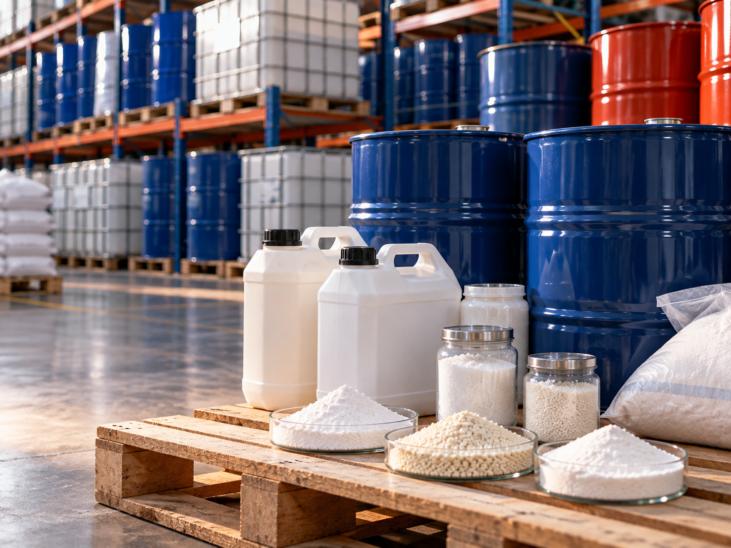 Technical-grade agrochemical active ingredients and raw materials in a warehouse